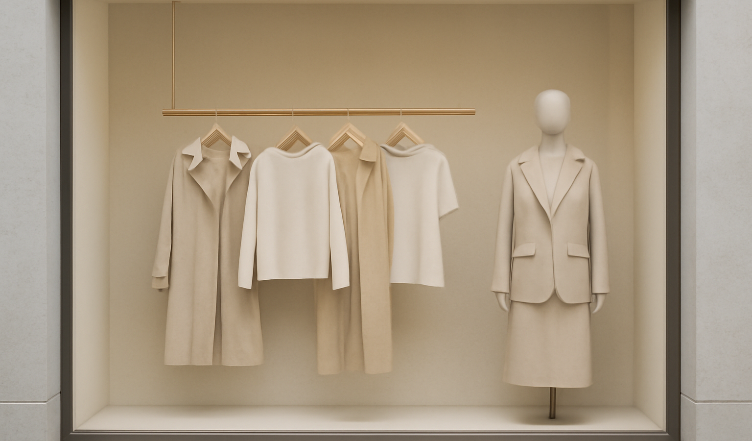 vitrine minimaliste avec vestiaire neutre
