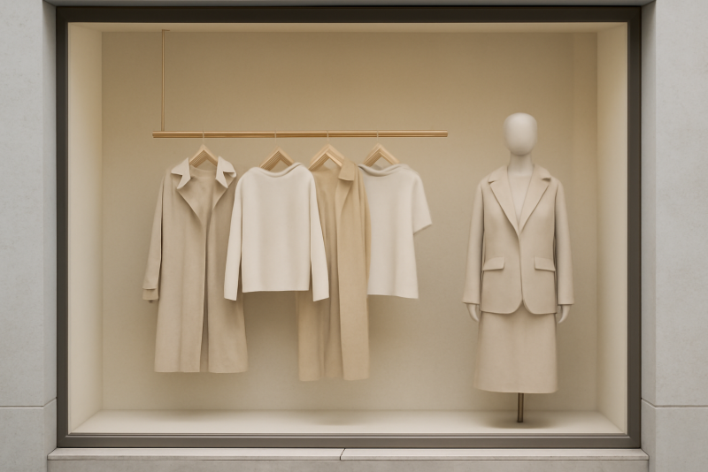vitrine minimaliste avec vestiaire neutre