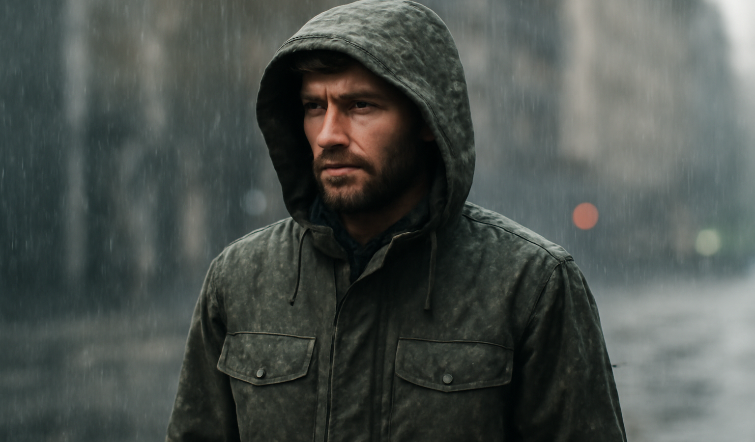 homme portant parka sous la pluie urbaine