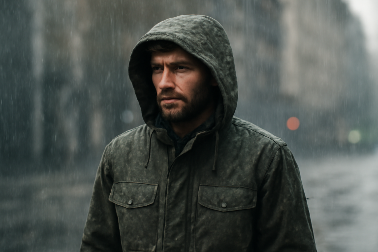 homme portant parka sous la pluie urbaine