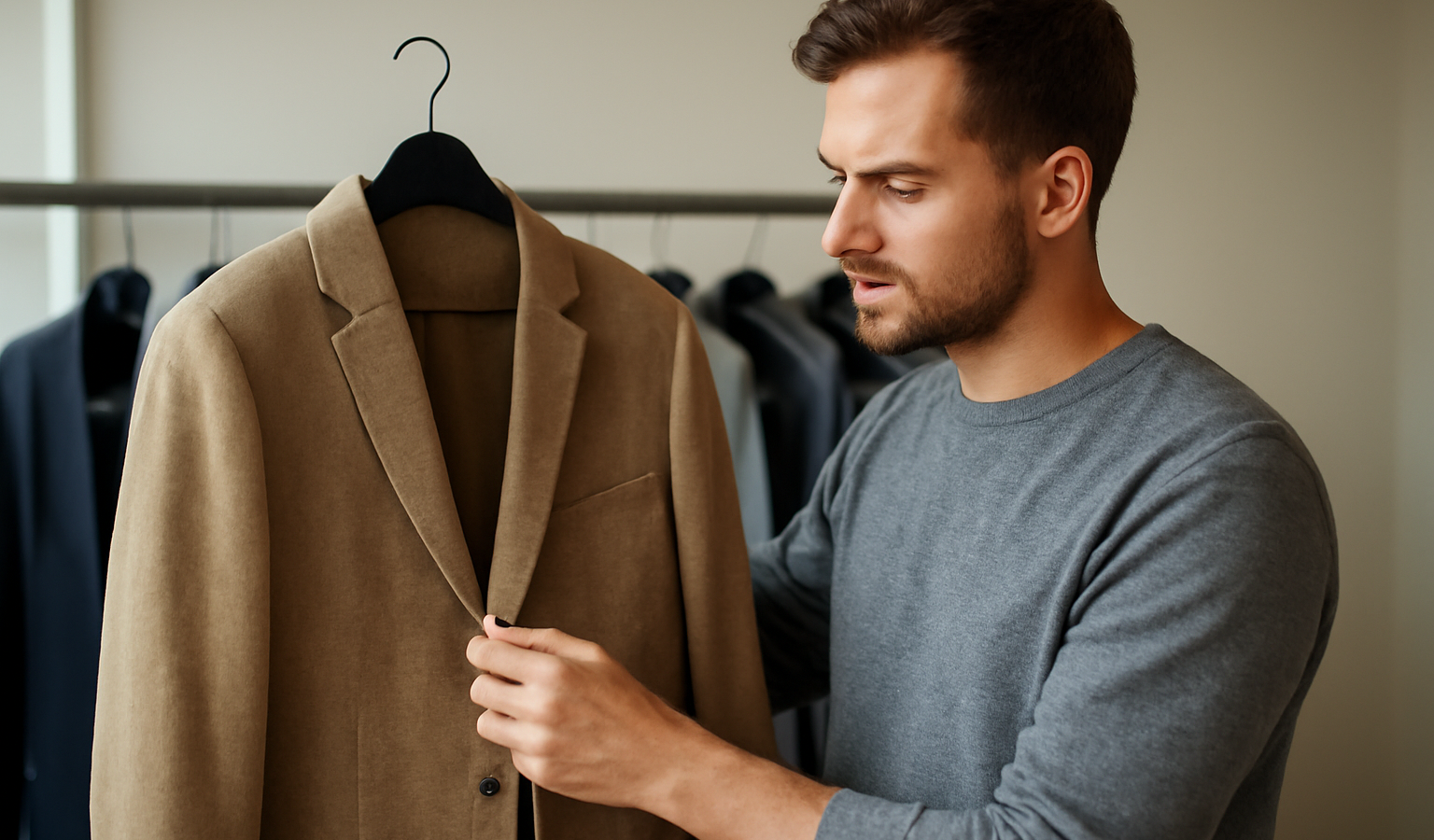homme essayant une veste sur cintre