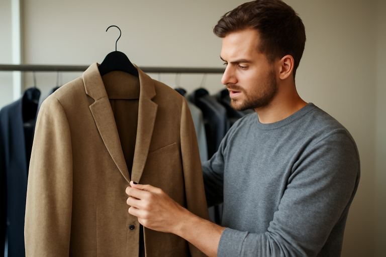 homme essayant une veste sur cintre