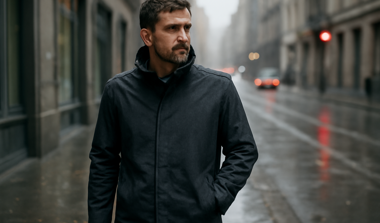 homme portant un manteau imperméable en rue