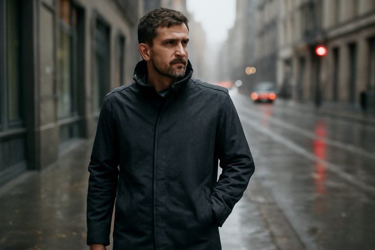 homme portant un manteau imperméable en rue