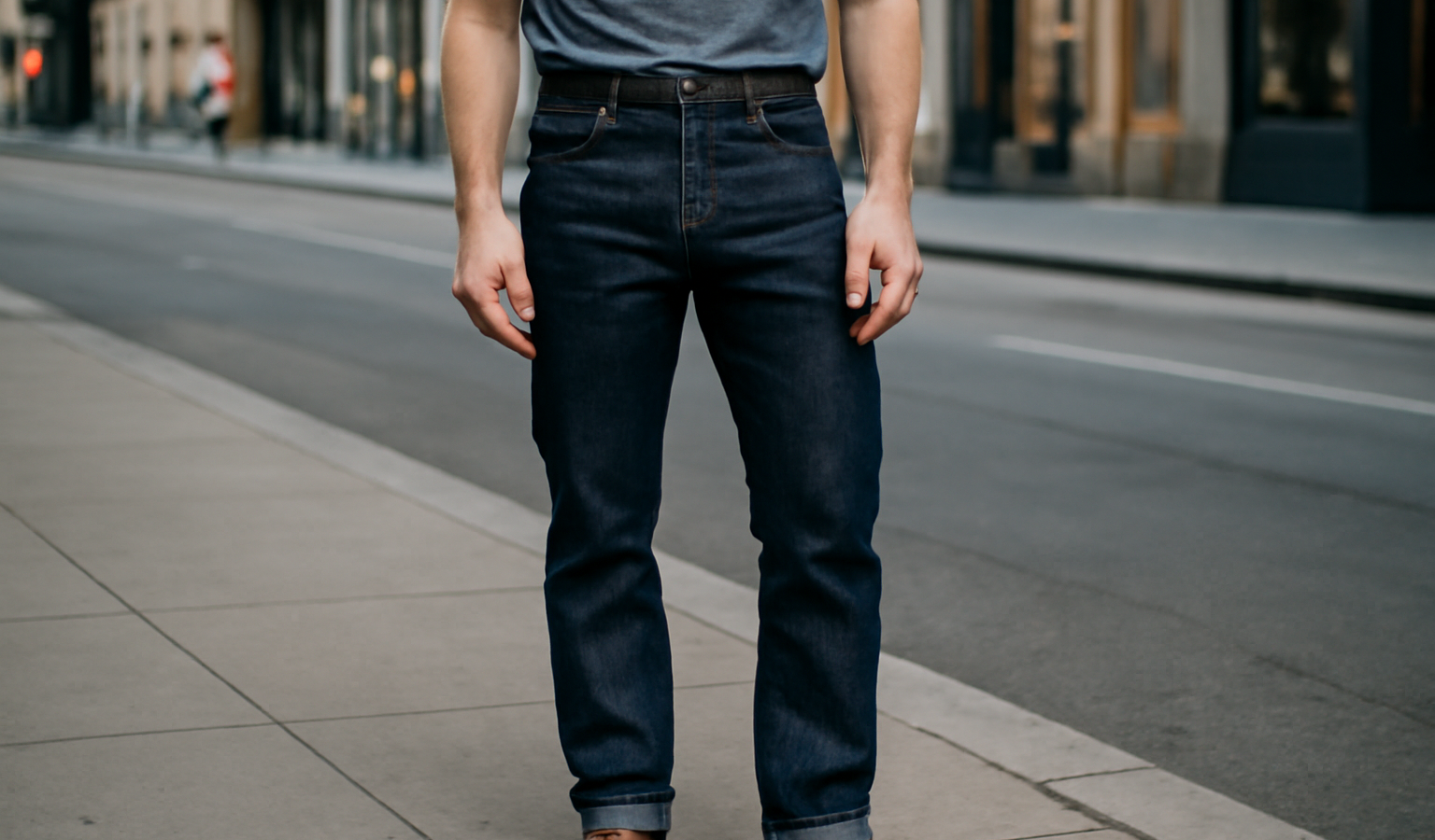 homme portant un jean brut en ville