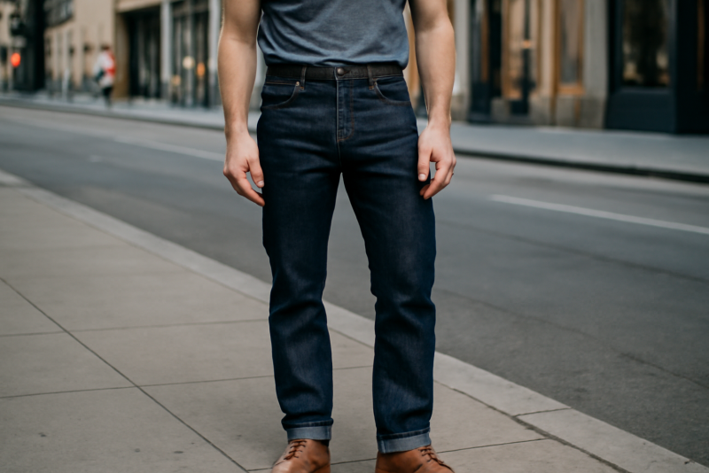 homme portant un jean brut en ville