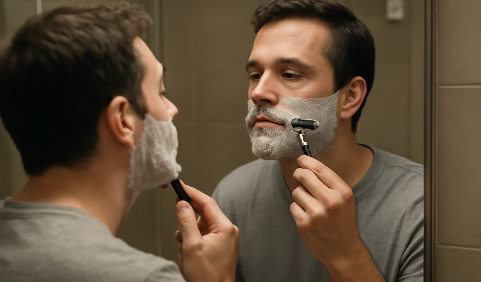 homme se rasant devant un miroir