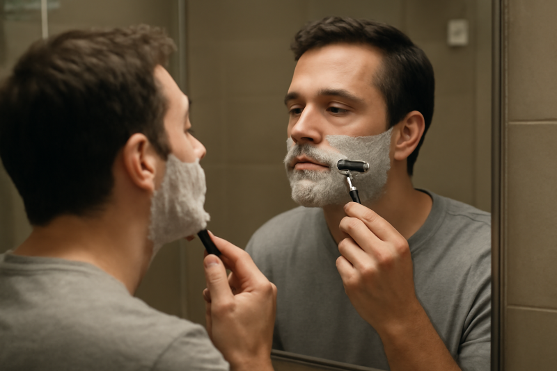 homme se rasant devant un miroir