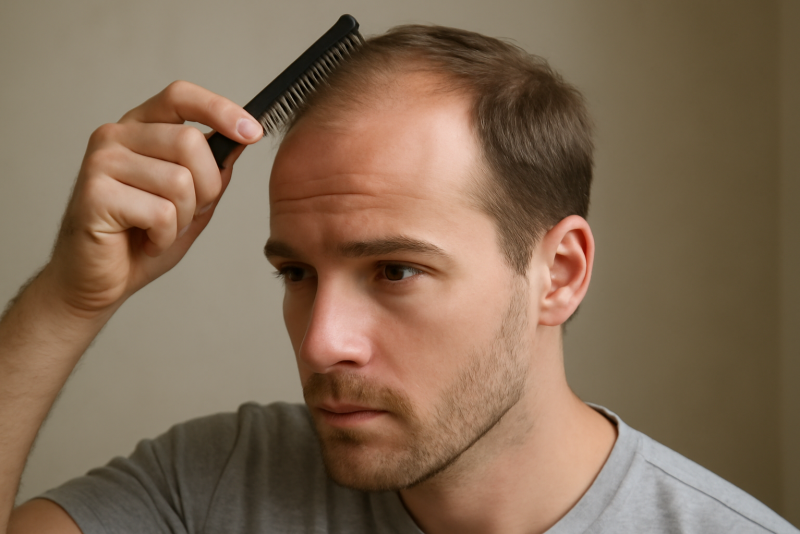 homme coiffant ses cheveux fins au peigne