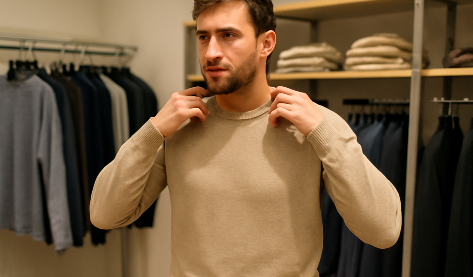 homme essayant un pull basique en magasin