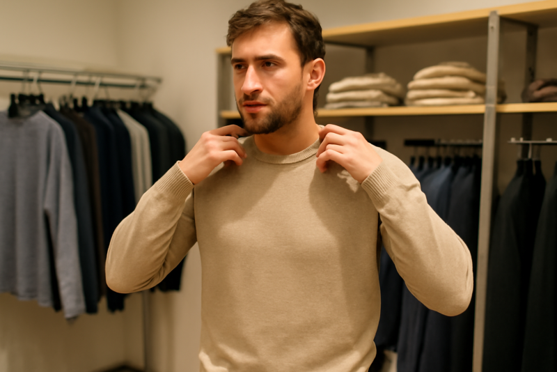homme essayant un pull basique en magasin