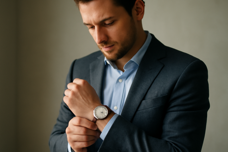 homme ajoutant une montre à sa tenue