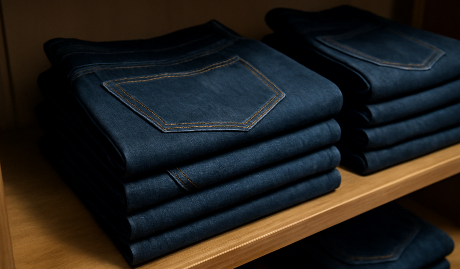 pantalons en denim soigneusement pliés sur étagère