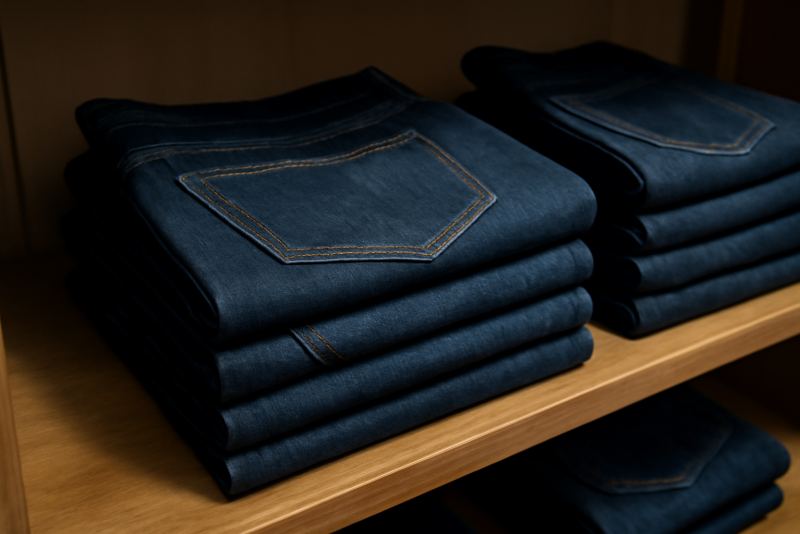 pantalons en denim soigneusement pliés sur étagère