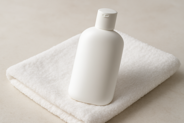 bouteille de lotion posée sur serviette propre