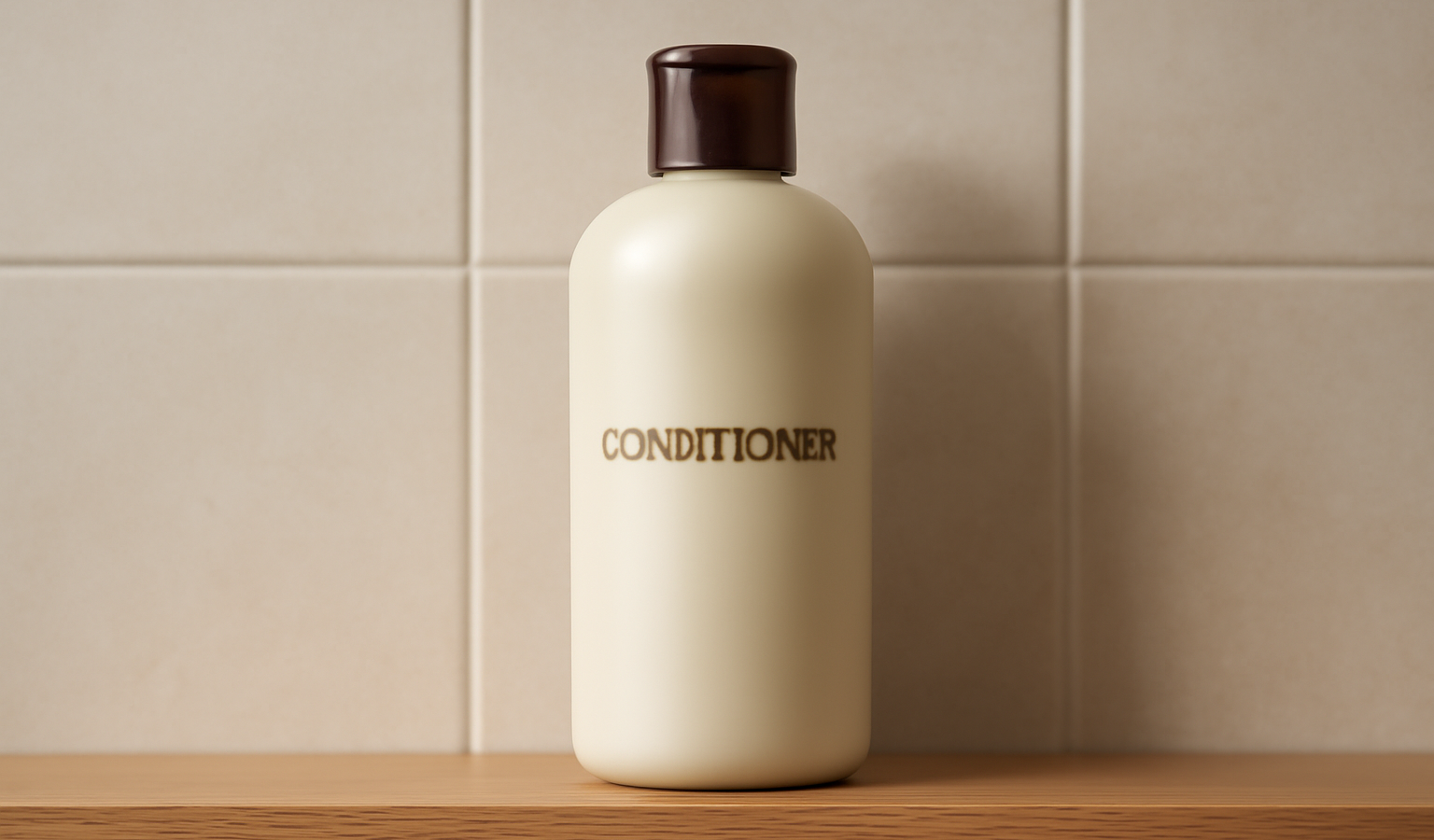 bouteille d'après-shampoing posée sur étagère