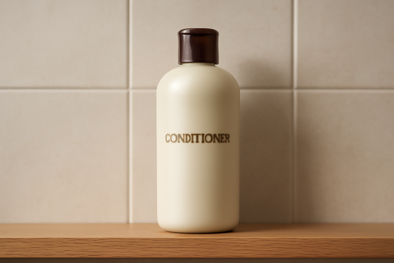 bouteille d'après-shampoing posée sur étagère