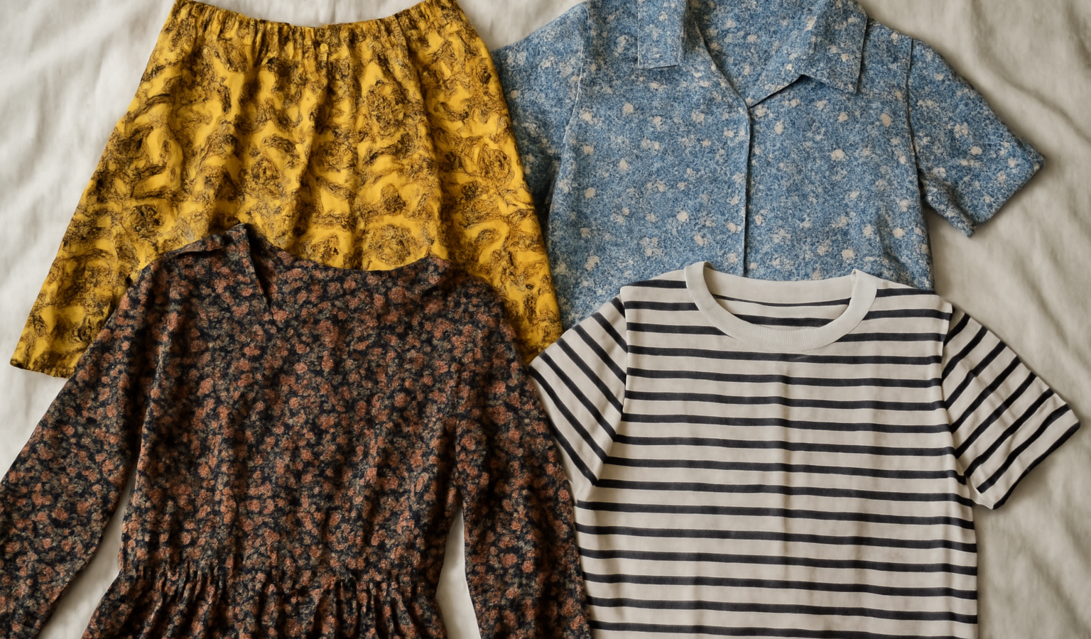 tenues étalées avec motifs variés sur lit