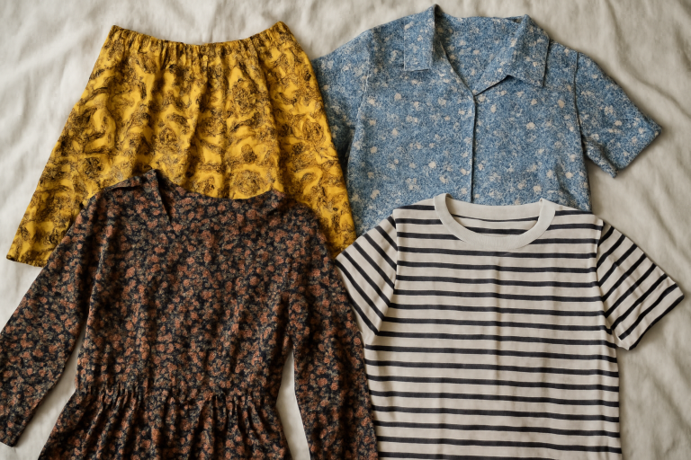 tenues étalées avec motifs variés sur lit