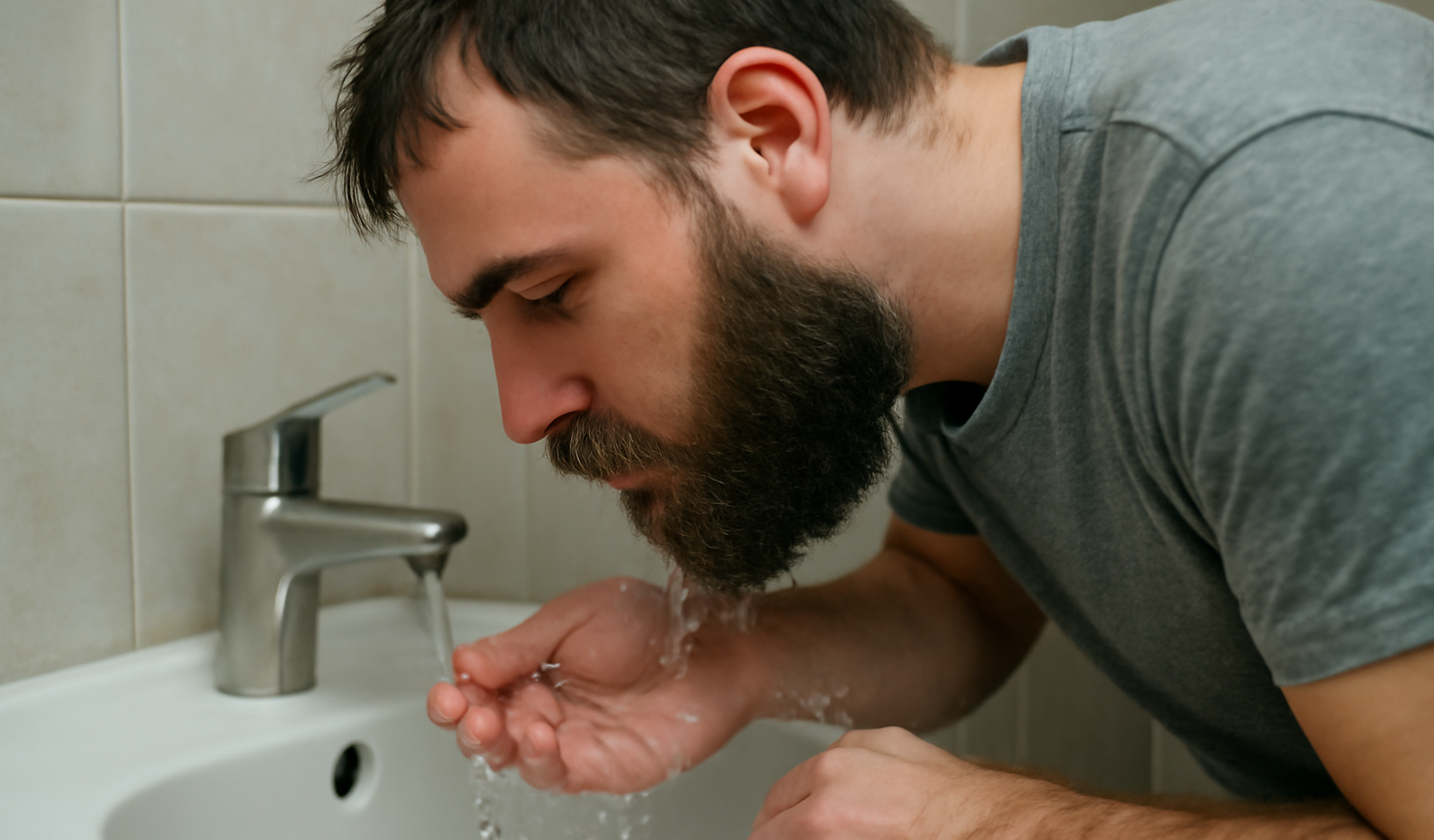 homme se rinçant la barbe au lavabo