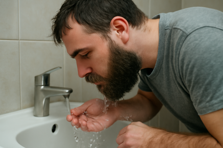 homme se rinçant la barbe au lavabo