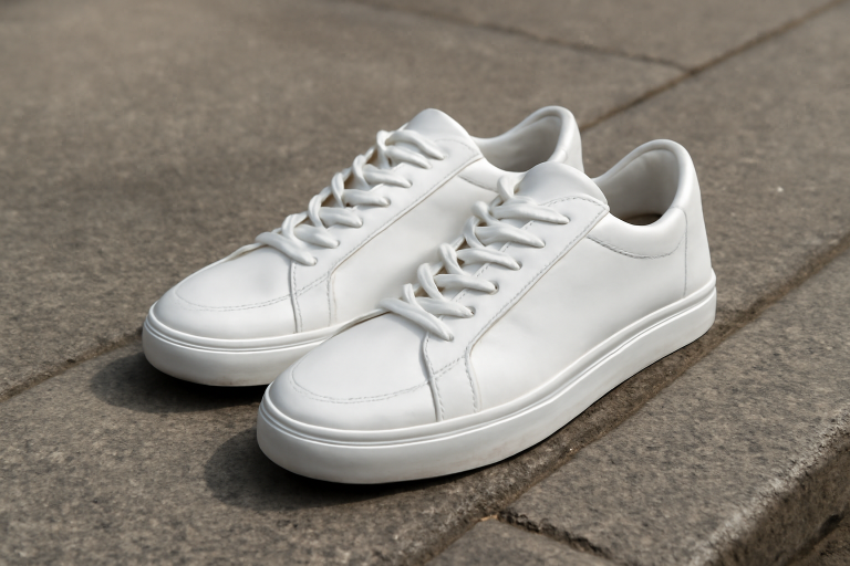 paire de baskets blanches sur trottoir