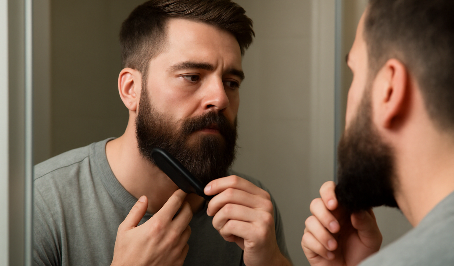 homme coiffant sa barbe devant un miroir