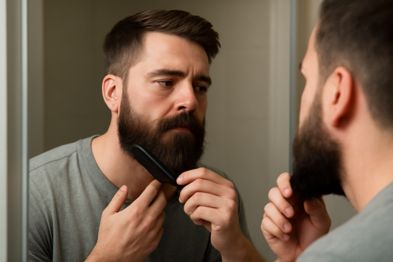 homme coiffant sa barbe devant un miroir