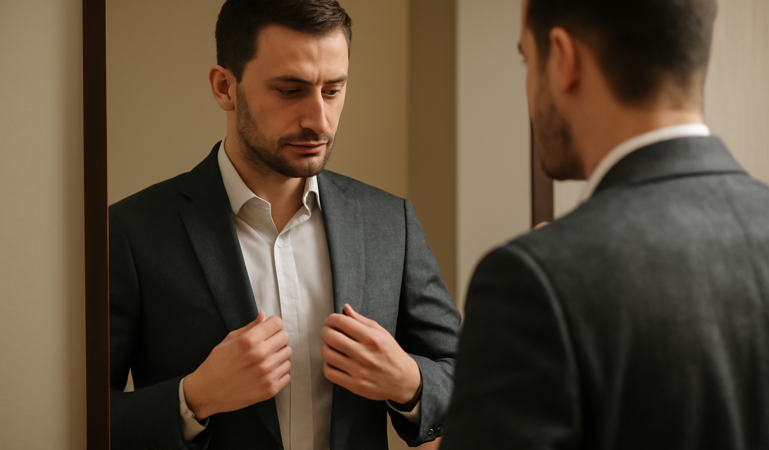 homme ajustant un blazer devant miroir