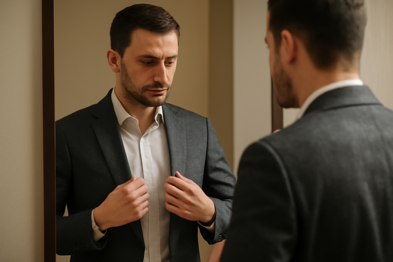 homme ajustant un blazer devant miroir
