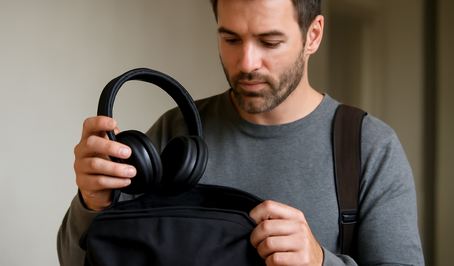 homme tenant casque dans un sac de voyage