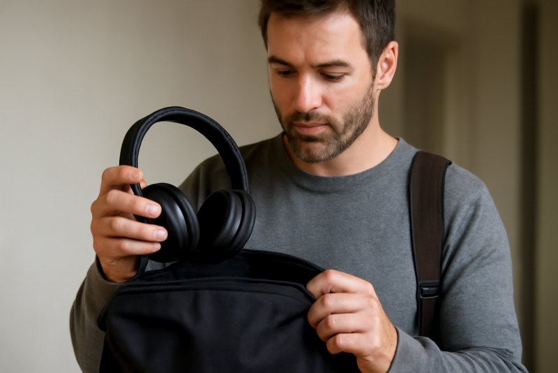 homme tenant casque dans un sac de voyage
