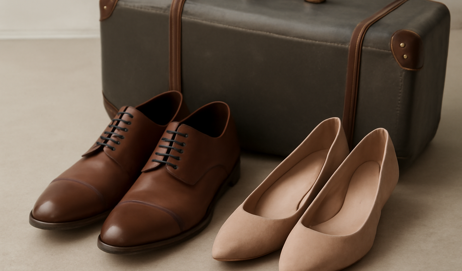 deux paires de chaussures posées près d'une valise