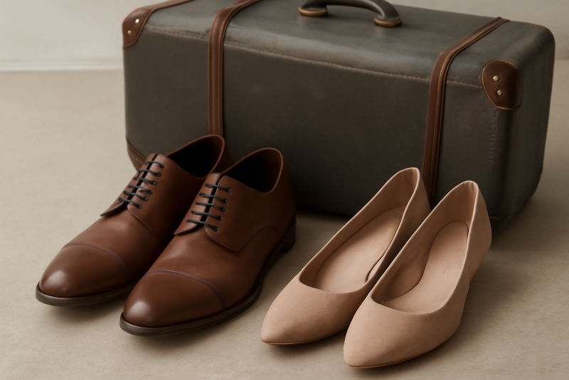 deux paires de chaussures posées près d'une valise