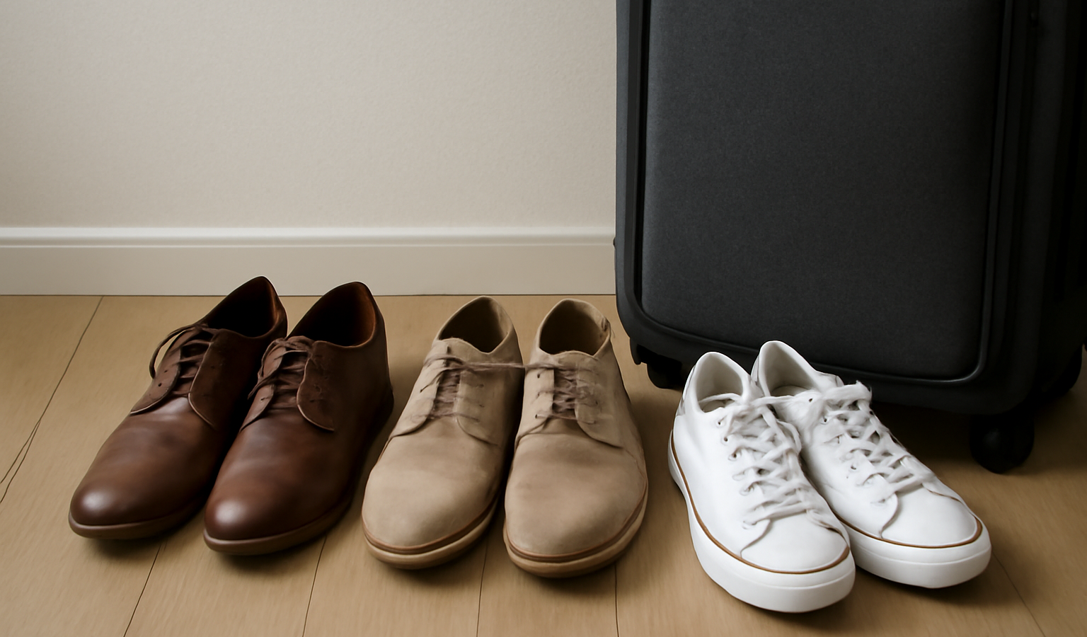 trois paires de chaussures alignées près d'une valise