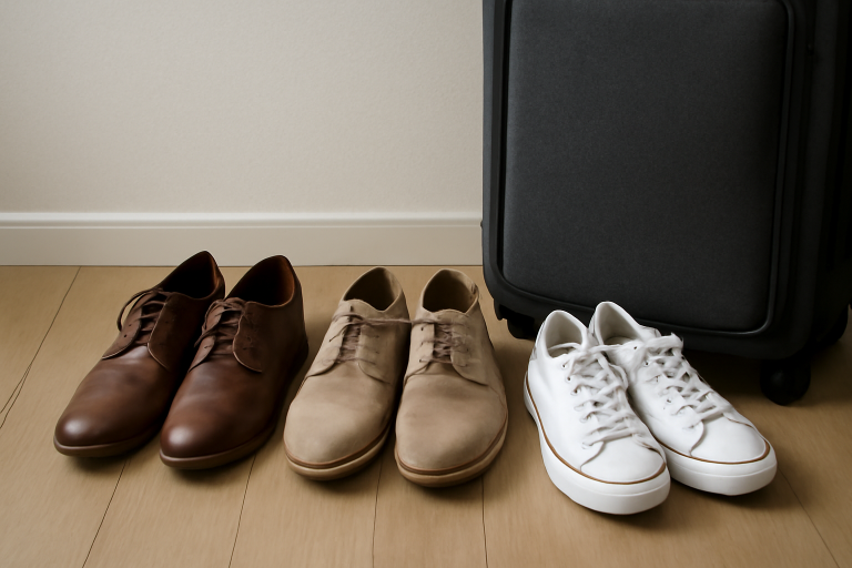 trois paires de chaussures alignées près d'une valise