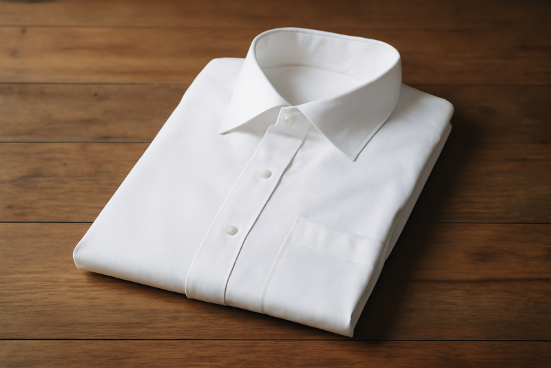 chemise blanche pliée sur table en bois