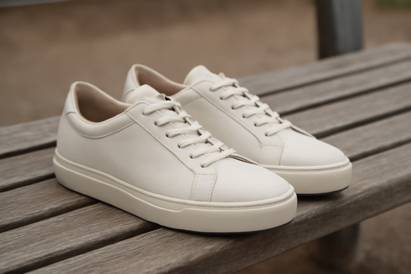 paire de sneakers minimalistes posée sur un banc