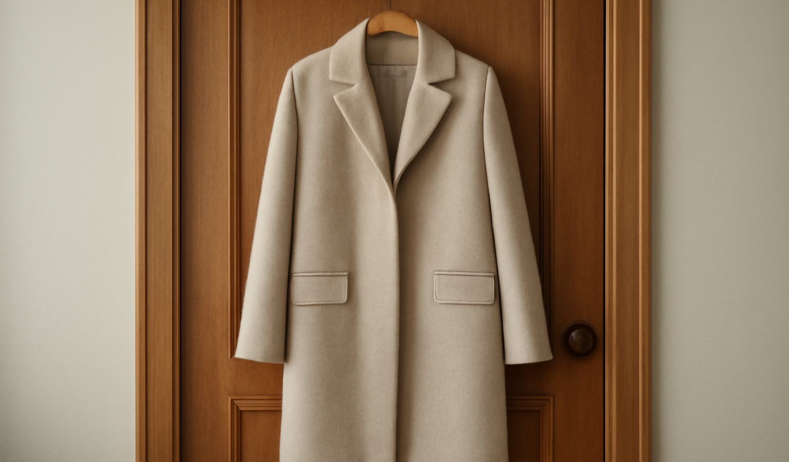 manteau minimaliste accroché sur porte en bois