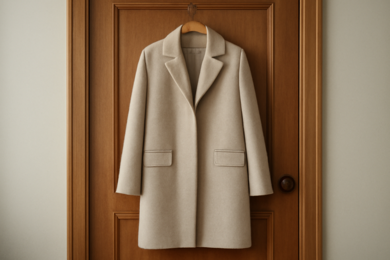 manteau minimaliste accroché sur porte en bois