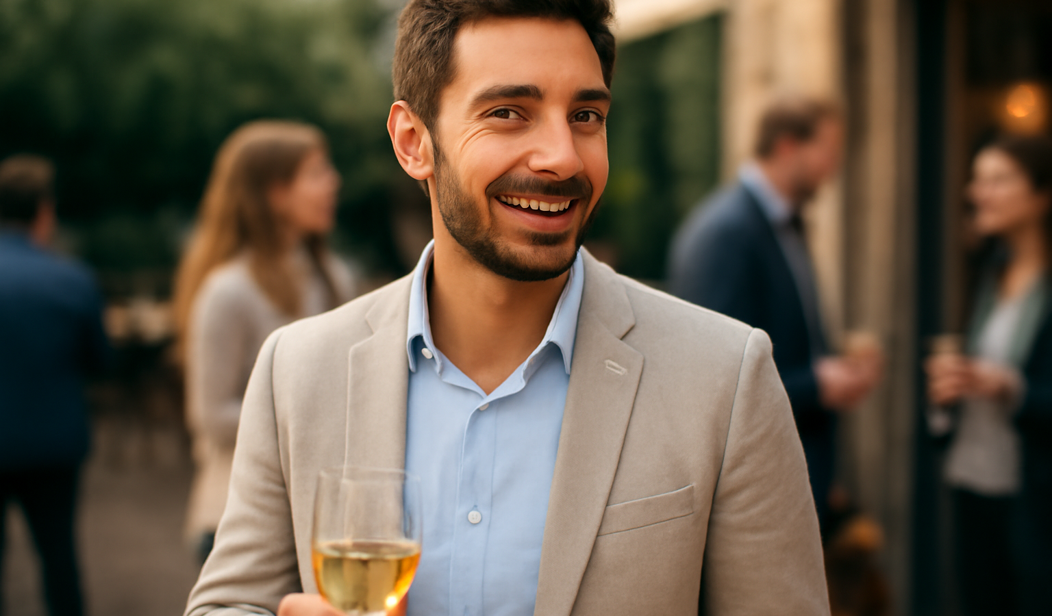 homme en blazer clair lors d'un apéritif