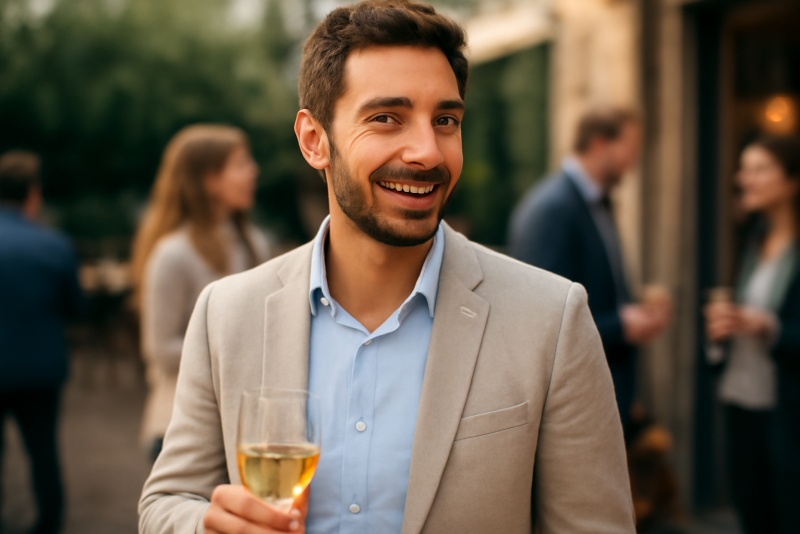 homme en blazer clair lors d'un apéritif