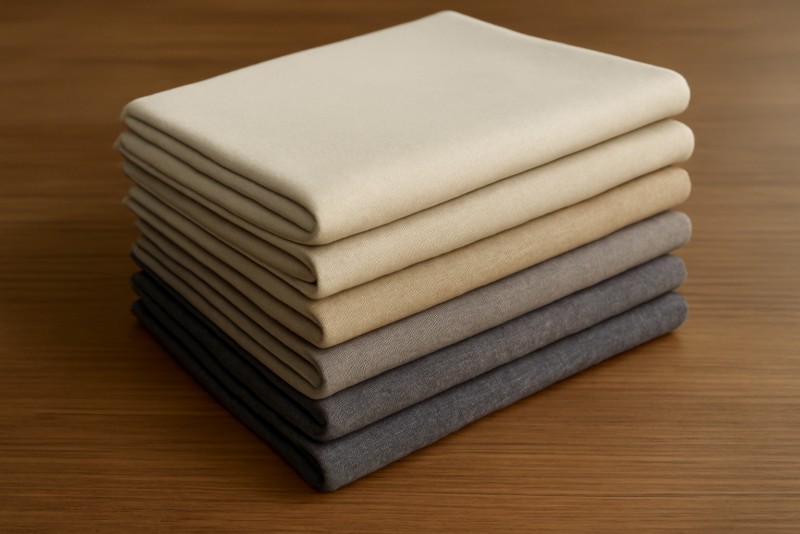 palette de tissus neutres posee sur table
