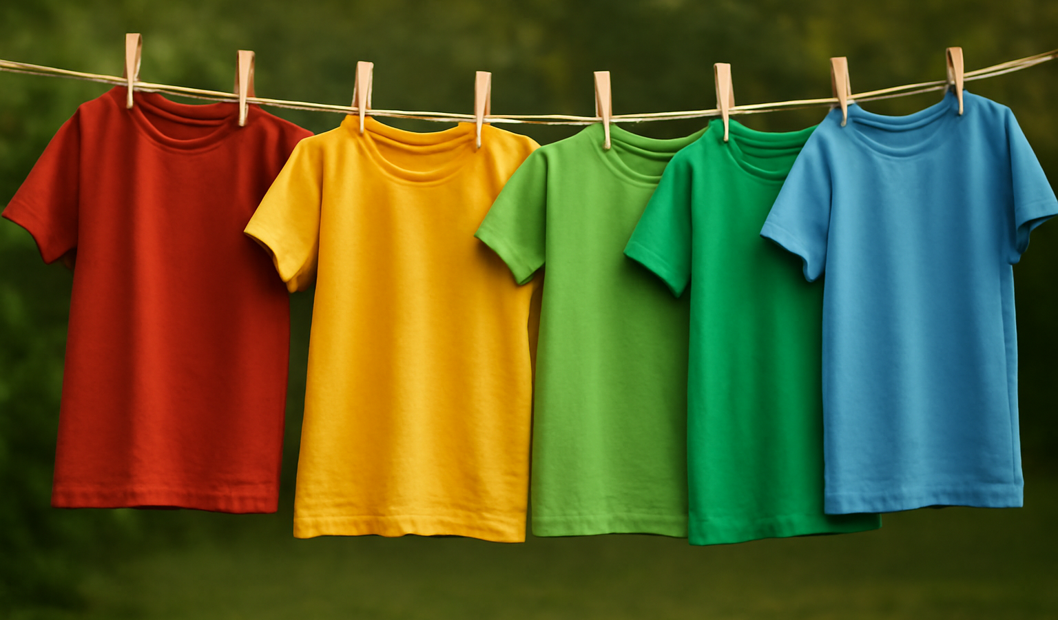 t-shirts colorés disposés sur une corde à linge