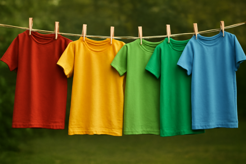 t-shirts colorés disposés sur une corde à linge