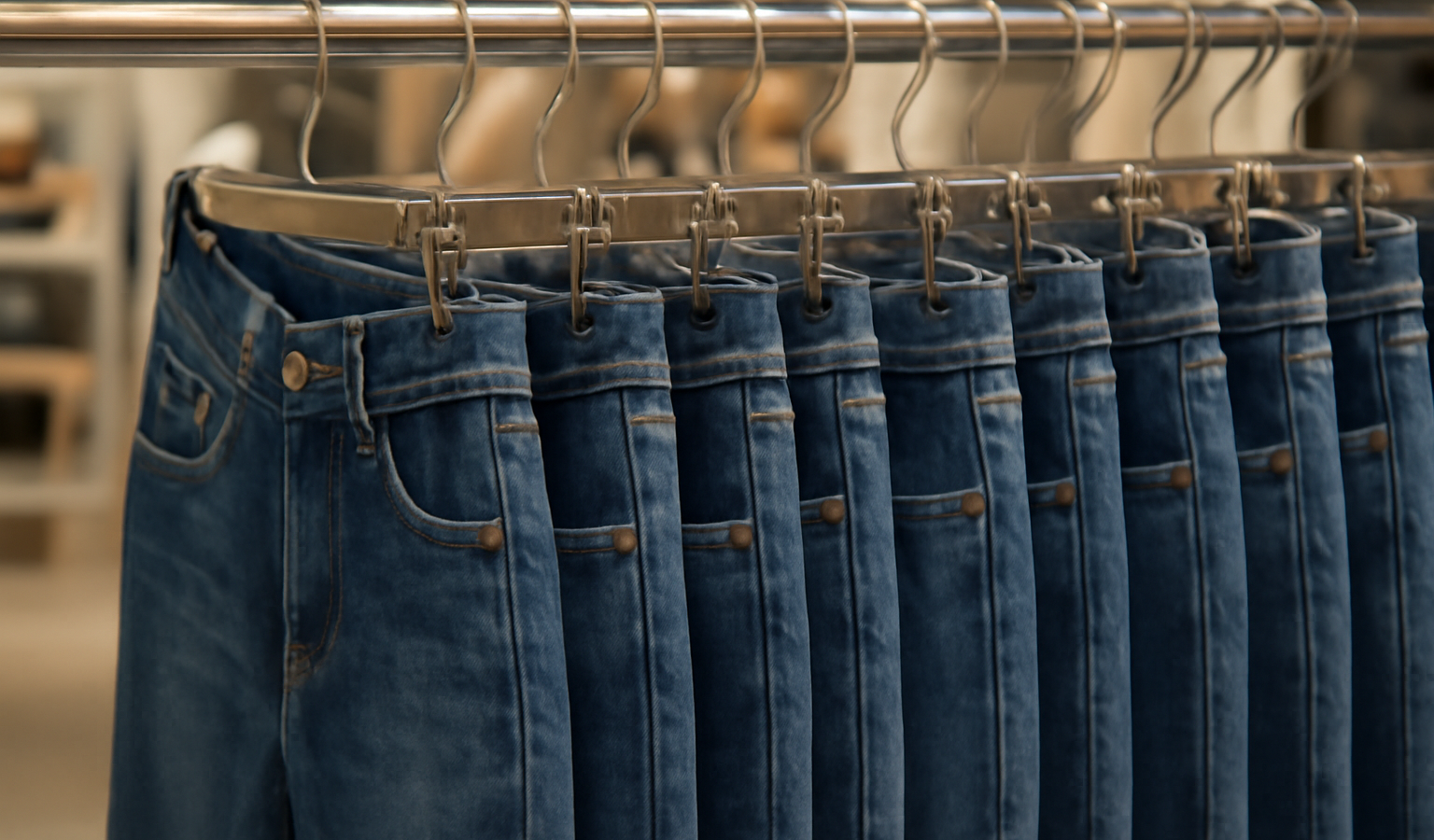 jeans suspendus sur tringle en magasin