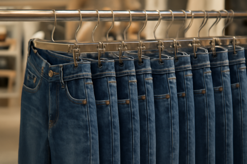 jeans suspendus sur tringle en magasin