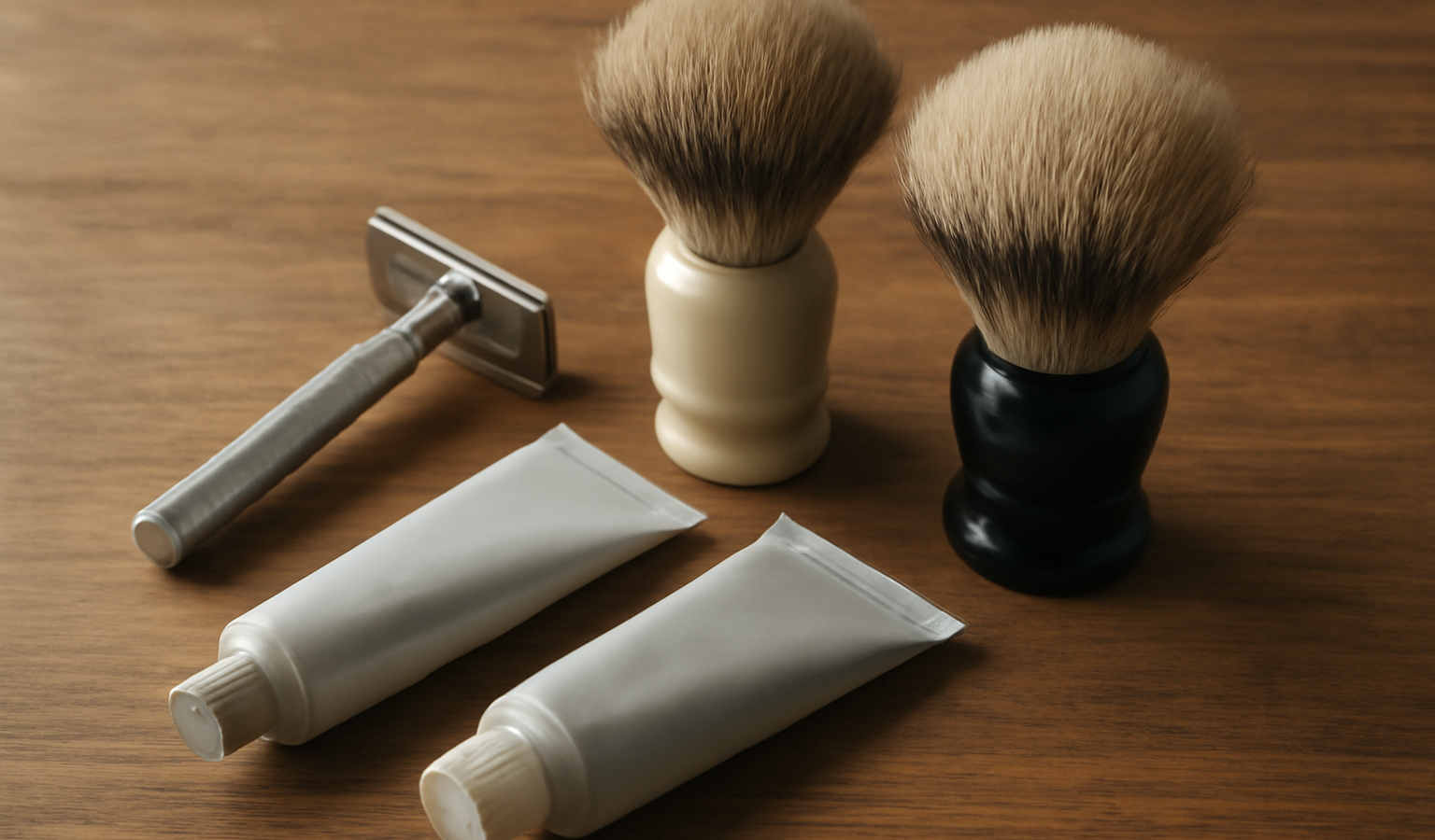 tubes et brosses de rasage posés sur table