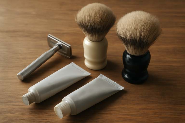 tubes et brosses de rasage posés sur table