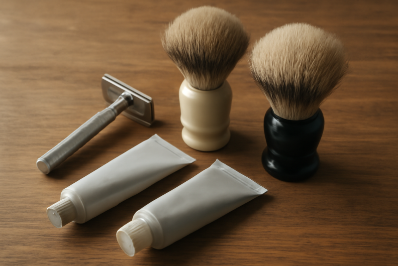 tubes et brosses de rasage posés sur table